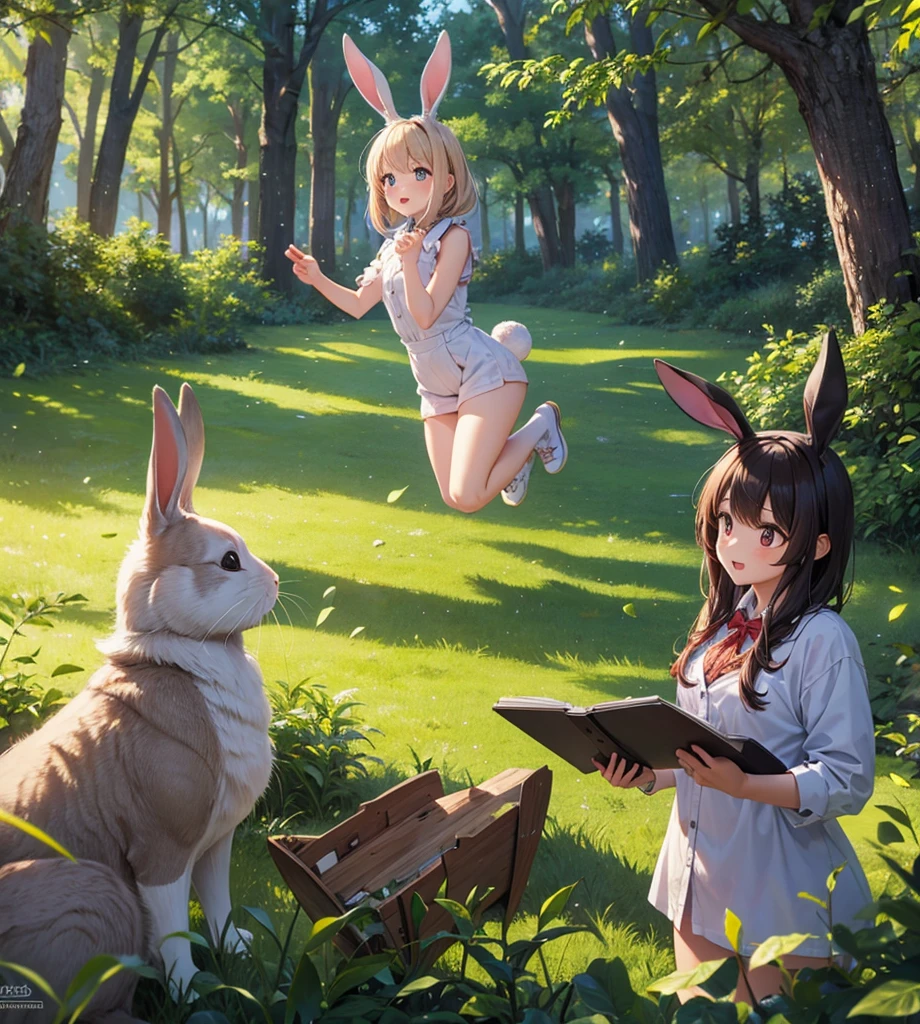 Rabbits playing in the forest