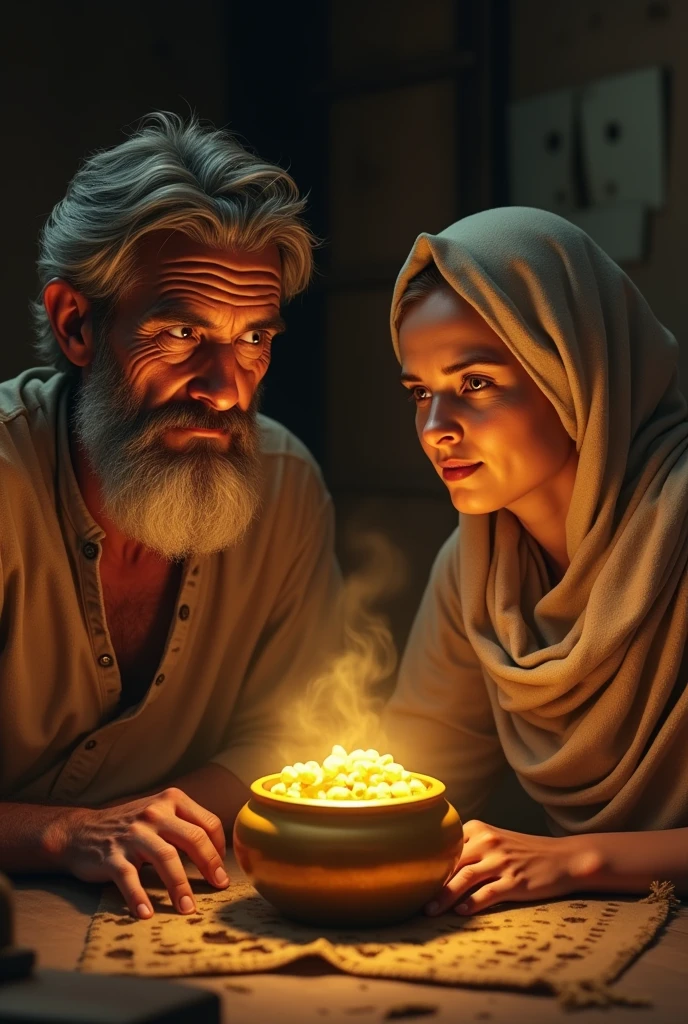 a poor man and his wife are talking over a gold filled pot