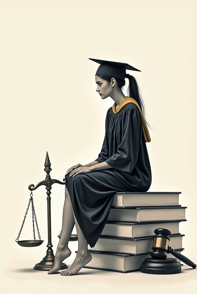 A girl wearing her graduation gown and sitting on large books, next to her are the scales of justice and the hammer, a large two-dimensional drawing.