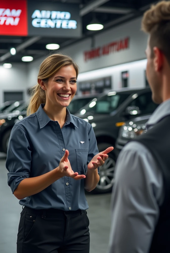 create an image in 1920x1080 format that shows how a customer should be approached at a tire auto center