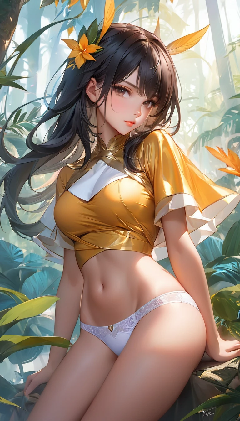 white cute panties, perfect hips line, exposed belly, exposed hips, exposed thighs, exposed legs, looking away, perfect hips line, exposed belly, exposed hips, exposed thighs, uma mulher de calcinha fofa posando na floresta, Senna do League of Legends, artgerm extremamente detalhado, Ross Draws 1. 0, estilo artgerm, Ross Draws 2. 5, artgerm e rossdraws, wlop rossdraws, artgerm e atey ghailan, pintura digital rossdraws, :: rossdraws, fanart melhor estação de arte
