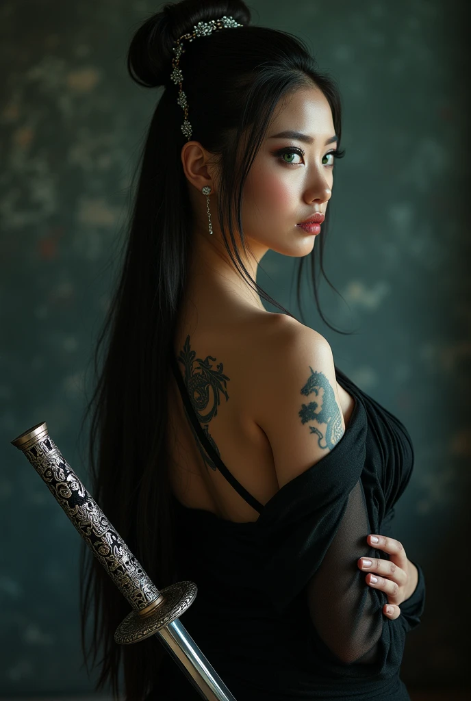 a beautiful Asian woman with long hair in a bun with a silver hairpin, wearing a very seductive wild Japanese yakuza costume, a very detailed black dragon tattoo on her back, wrists neatly wrapped in black cloth, standing with her back to with her face turned to the right smiling, the beautiful eyes of a woman who has green eyes, hugging a katana, tattoos on her arms, tucked into her waist is a katana, with a katana sheath made of steel with a silver coating with beautiful and intricate carvings, background behind a dark wall with a little dim light, very realistic, cinematic, photographic