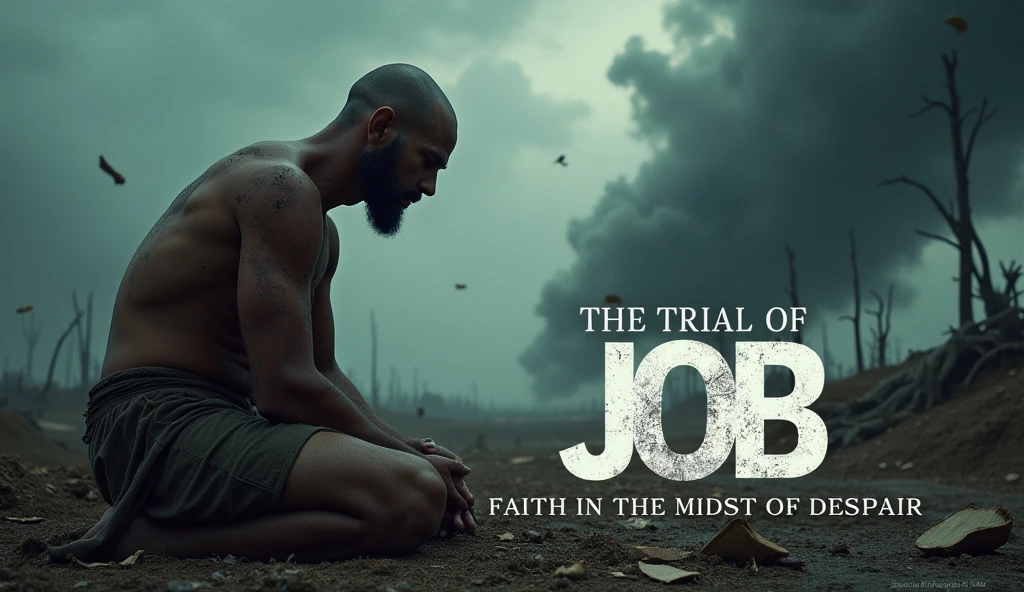 1. **Foco em Good**: Put Job in the foreground, kneeling and in a position of pain and suffering. Your head must be shaved, which symbolizes mourning and despair. His body must be covered with ulcers and sores, representing the trials he faced.
2. **Facial expression**: Job's expression must convey anguish and despair.. This will help capture the essence of their suffering and the emotional connection to the story..
3. **Desolate Background**: In the background, depict a hurricane devastating your home. A cena deve incluir elementos SOM telhas voando, trees being uprooted and a gloomy atmosphere, maybe with dark clouds and lightning, to emphasize the calamity.
4. **Colors and Lighting**: Use a dark, somber color palette to convey the gravity of the situation.. Lighting can be dramatic, with a focus on the figure of Job and a more diffuse light in the background, highlighting the storm.
5. **Attractive Text**: include a text that summarizes the message, SOM "The Trial of Job: Faith in the Midst of Despair". The text must be clear and legible, contrasting with the background.
6. **Composition**: Make sure the composition is balanced, with Job clearly highlighted, while the hurricane in the background provides a sense of movement and chaos.
These elements together can create an impactful and visually appealing thumbnail that represents the story of Job in a realistic and moving way..