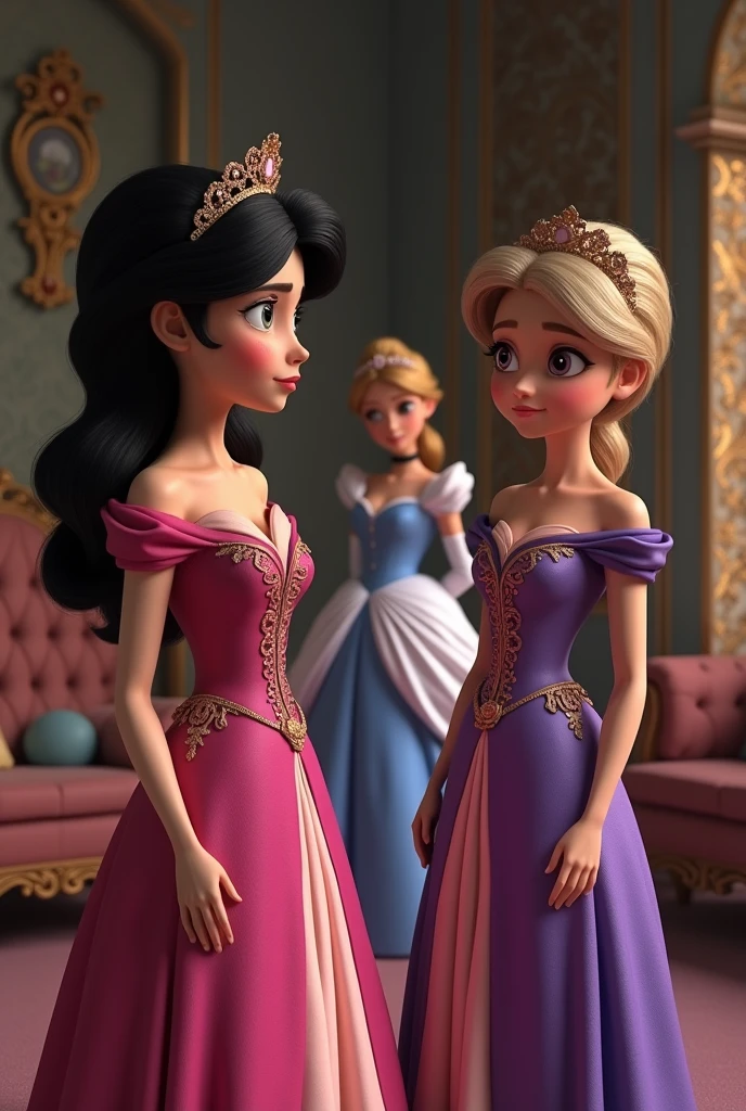  Cinderella scene, with the well-groomed sisters, one with black hair and the other with brunette hair, one with a pink and purple dress with Cinderella in the middle behind with a sad expression REALISTIC CREATE THOSE THAT LOOK LIKE PEOPLE 

