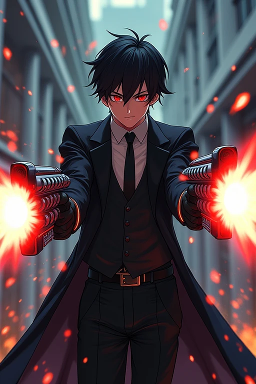 Black Hair,Black suit,male,Anime Style,Red Eye,Fires railguns from both hands