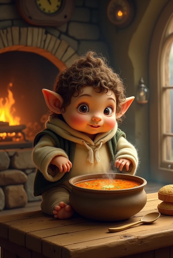 hobitt eating a soup