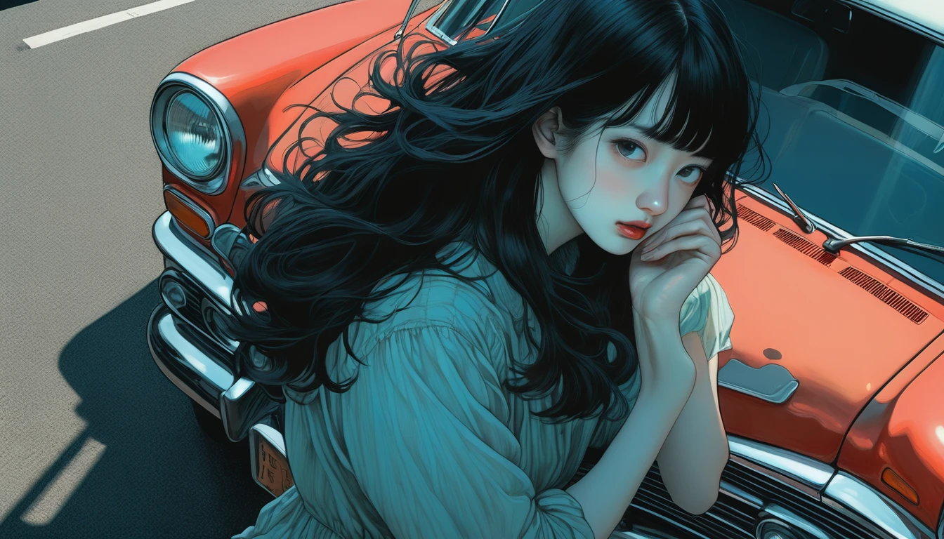 An illustration、art、Horror, Supervised by Junji Ito、Attention to detail, Realistic shadows、Analog Style, chromatic aberration, Surrealism、car