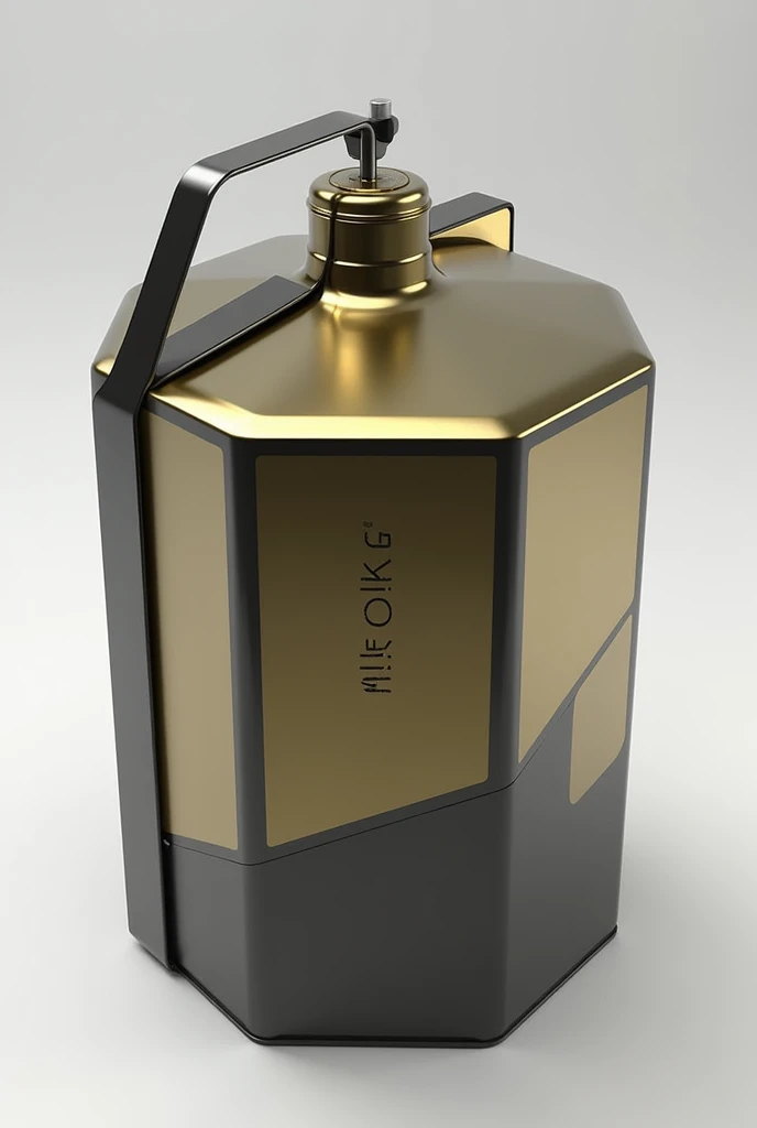 "Create a groundbreaking design for a 15 kg oil container that has never been seen before in the market. The container should be shaped like a hexagonal prism, providing stability and an innovative look. The material should be a combination of lightweight, durable metal and transparent polycarbonate panels on the sides, allowing the user to see the oil level inside. The container should feature a rotating cap with an integrated, retractable spout for controlled, mess-free pouring. The spout should be made of stainless steel with a sleek, ergonomic design. The cap itself should have an airtight seal, ensuring freshness. Additionally, the container should include a built-in handle that folds seamlessly into the design, allowing for easy transport. The exterior should be finished with a matte texture, with the brand name and product information laser-etched in a minimalist style. The overall design should convey innovation, exclusivity, and a strong emphasis on quality."