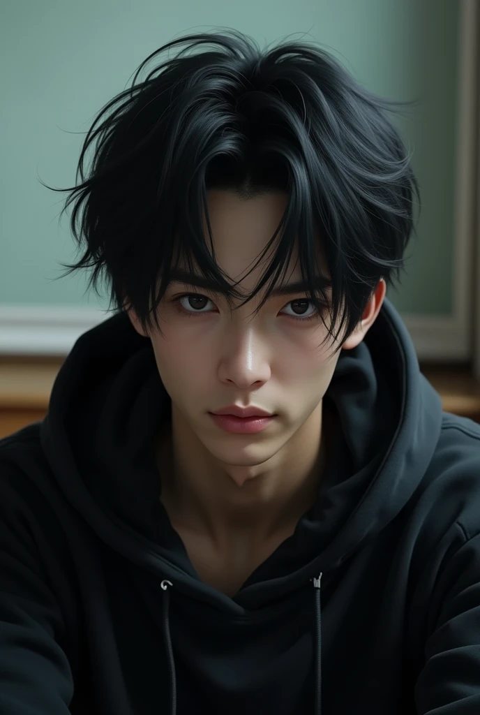 (photorealism:1.2), handsome asian guy, wearing a black hoodie, sitting at the back of the class, staring at viewer timidly, black fluffy long hair (his hairs almost covering his eyes), yandere vibe, realistic photo