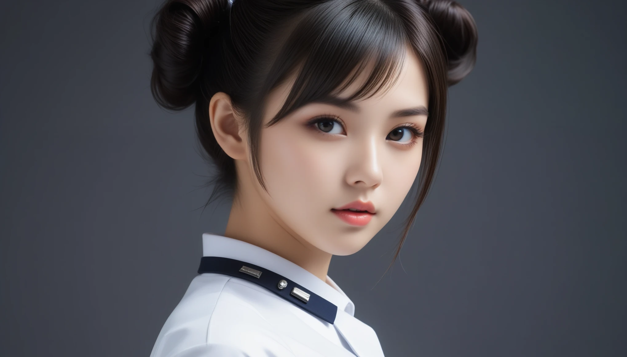8k, Ultra-high resolution, Highest quality, masterpiece, 三分割法によるphotograph,Surreal, photograph, 1 , (:1.3), cute, cute顔, 細部までBeautiful Eyes, 細かくdetailedに,masterpiece,One Girl:1.2,Japanese women,Policewoman,upper body,glaring,Black short hair,Space buns,ID photo,(Police officer of the future:1.3),cyber punk,Future City,white collar,((Fusion of humans and androids)),((Fusion of humans and androids))(Beautiful attention to detail),Subtle details, detailedな顔,anger,Attractive eyes,(ポートレートphotograph:1.4),(Photorealistic images:1.4),Fantasy art,(Beautiful Face:1.4),美しくAttractive eyes、Beautiful Eyes,Silver residue,(Tight waist:1.4)、(Beautiful with perfect body proportions:1.4),Pink Lips,profile,(((Ideal body type))),A-cup small breasts :2,、Portraiture:2、Perfect Anatomy、鮮明なdetailed、detailed,Fashion magazine cover,Thin lips,完璧でBeautiful Face ,完璧でcute顔, Skin with attention to detail, Perfect limbs、Narrow waist,Surreal,Light and shadow,spotlight