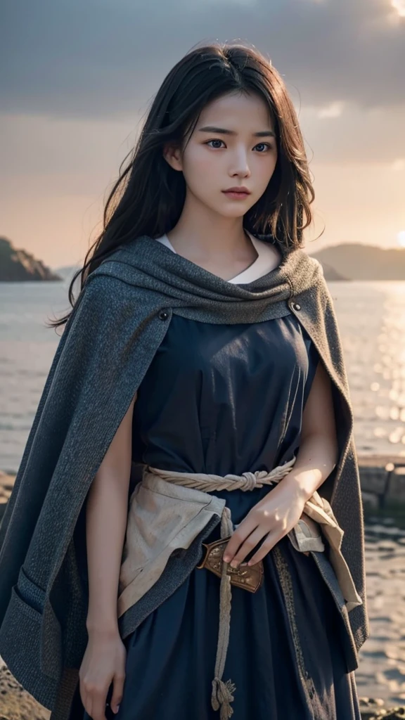 High resolution images,Young and beautiful woman、Boat Solo、Heroic Cape、、Highest quality、4K、High resolution、Sea of stars、romantic、small、Sharp focus、Very detailed、landscape、idealism、Large sword、evening、High Contrast、Dreamy atmosphere、Realistic、Black Hair、Piercing blue eyes、Stoic expression、device、Far away、bokeh、Dramatically lit、Fascinating。