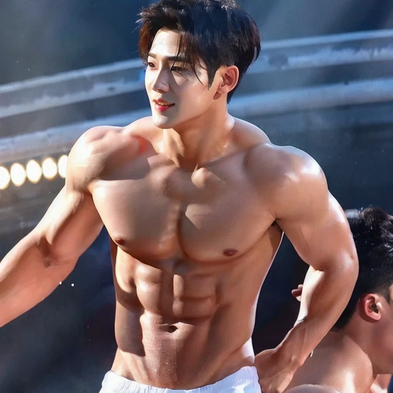 (masterpiece, best quality:1.2), one Korean male, handsome face, muscular, charming face, solo, handsome Korean male singer, nude, huge bulge, sweating