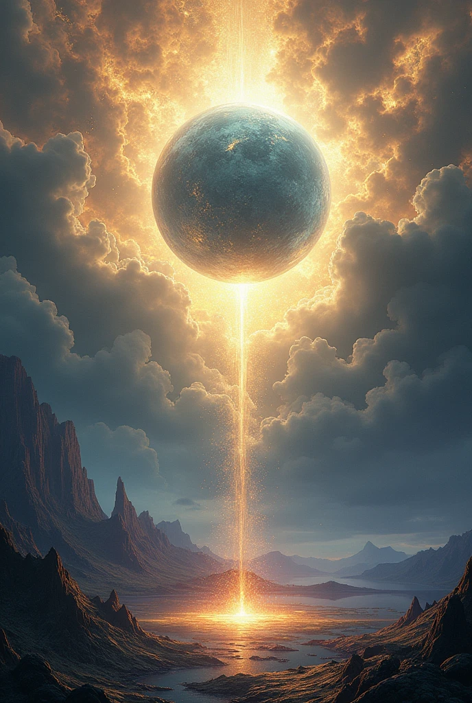 The setting is on the border between heaven and the underworld.., In a landscape that combines elements of both worlds. The sky is decorated with a mix of gold and silver hues, The earth has dark, metallic undertones., With flashes of deep blue and purple. The horizon is filled with a mystical glow where light and shadow merge into a symphony of colors..
The center of the image:
Heart of the Festival: In the center of the scene, A giant sphere of light and shadow floats above a magical pedestal, Representing the balance between two worlds. The sphere emits a soft glow.、It projects patterns of light and shadow onto the ground and in the air.., Create a stunning visual spectacle.