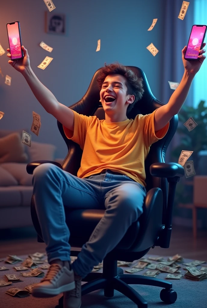 Young man sitting in a gaming chair happy to have won the fortune tiger game showing the game screen on his cell phone and a lot of money around him