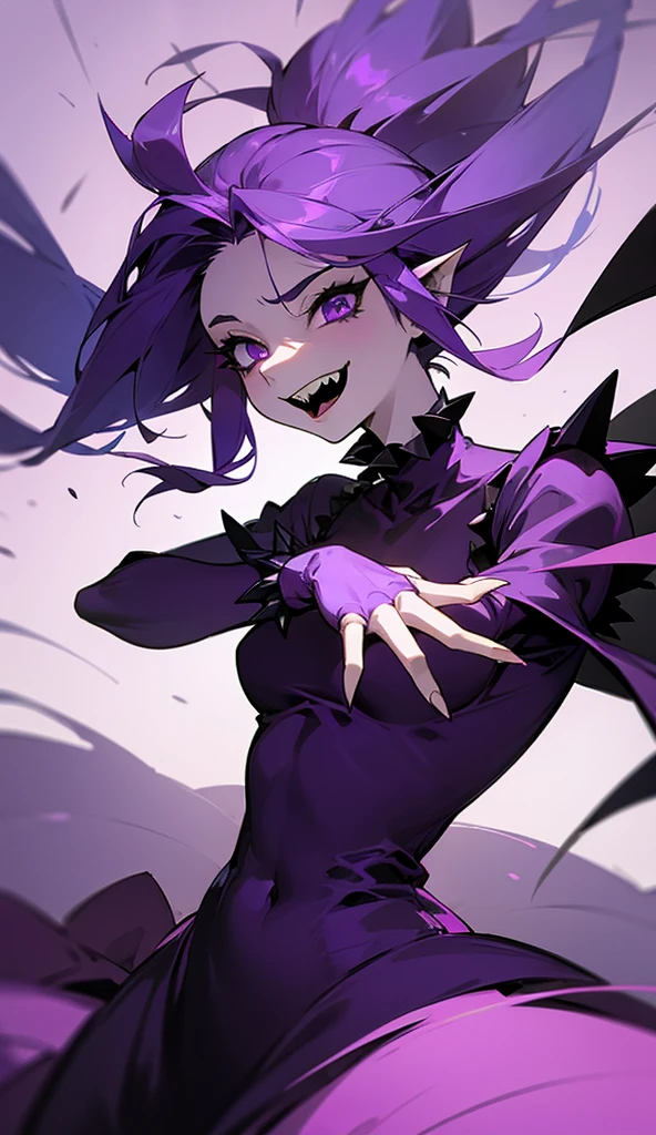 phantom, (monster girl), purple skin, spikes, spiky purple hair, a trapped laugh, floating hands, dressed in a dark purple dress, floating in mid - air, work of art, best qualityer