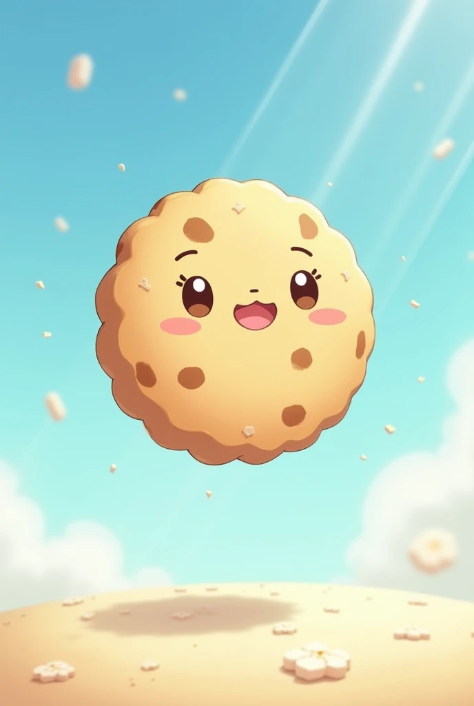 A cookie in the air in anime style only one and it should be simple he should have a face not such a face