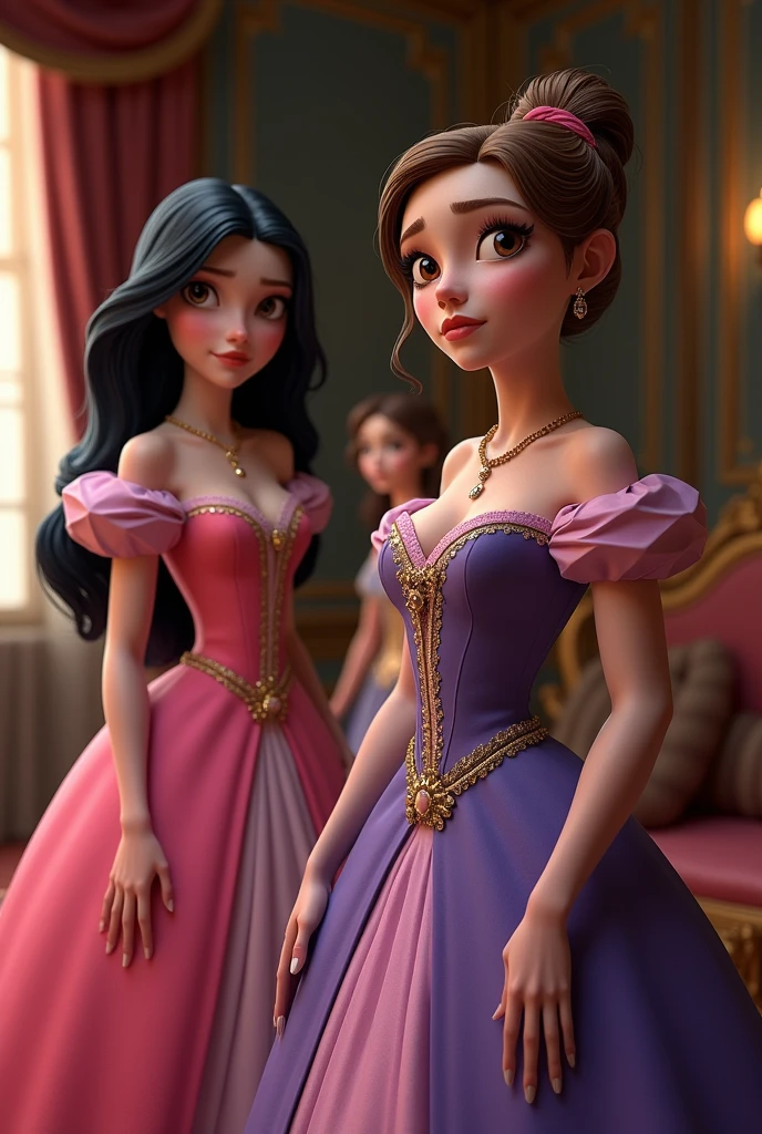  Cinderella scene, with the well-groomed sisters, one with black hair and the other with brunette hair, one with a pink and purple dress with Cinderella in the middle behind with a sad expression REALISTIC CREATE THOSE THAT LOOK LIKE PEOPLE 

