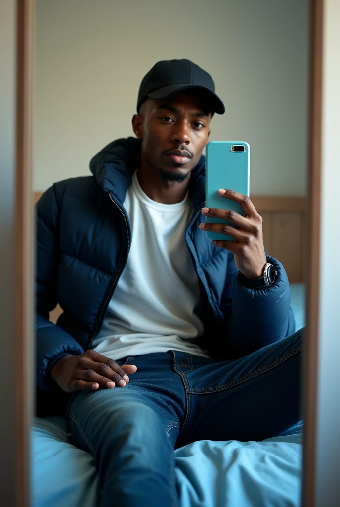 best qualityer:1.4), (ultra high resolution:1.2), (photorrealistic:1.4), (8k, CRU photo:1.2),  1 black man in his 20s, is wearing a white shirt and a navy blue puffer jacket, He&#39;s wearing a black cap, He is wearing black jeans. He&#39;s wearing his shirt tucked into his pants. He is sitting on a bed taking a picture in the mirror. The bed sheet is blue. Corte de cabelo buzzcut. thin build. iPhone case is baby blue