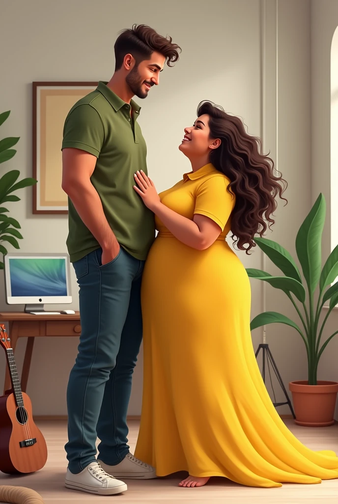 The boyfriend, 6 feet 2 inches tall, wearing an olive colored polo shirt. A girlfriend with a height of 5 feet wearing a yellow long gown with high collar with very curly hair. The girl is trying to put her hand on the boy's head but can't because the girl is fat and short. The boy is laughing and the girl is very irritated. they loves each other. background should be one ukulele, design studio and computer, tablet, illustrator photoshop.
girl is fat fat fat. obesity