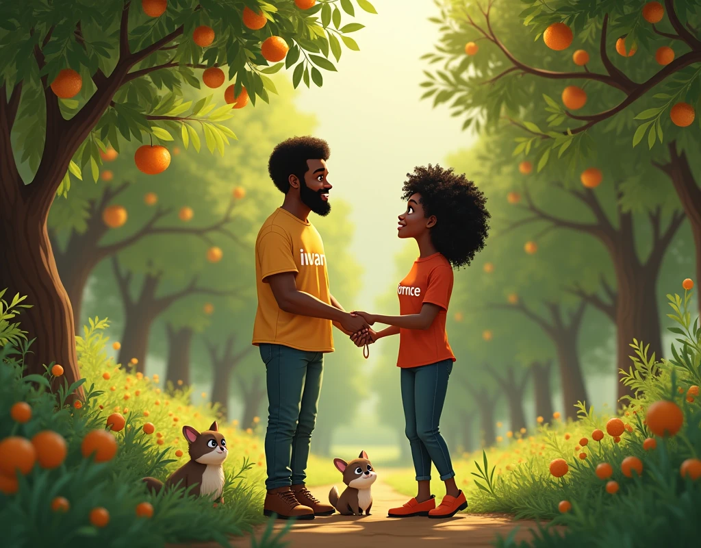 Un homme ???? tenant une bague de fiancé à main pour l’officier à son amoureux noir souriant se baladant dans une grande forêt fruitière avec des cours d’eau à proximité 
On peut voir le mot Ivan sur le t-shirt de l’homme et Florence sur le t-shirt de la femme 
On peut aussi voir des petits animaux à côté 