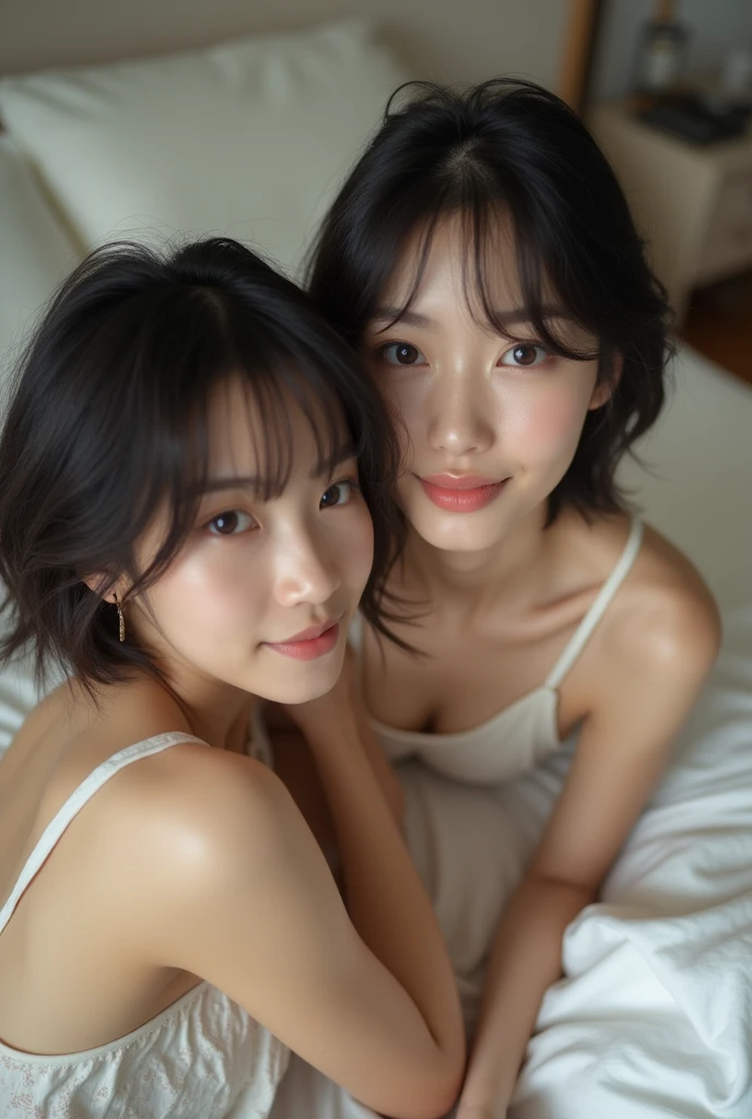 Realistic photo, two japanese women, nude, Lie on the bed with your legs spread, Detailed face and body, Natural light, High resolution, photoRealistic, (Highest quality,8k,High resolution,masterpiece:1.2),Very detailed,(Realistic,photoRealistic,photo-Realistic:1.37),Realistic skin texture,Beautiful eyes and lips,Beautifully detailed face,Long eyelashes,Smooth Skin,Natural body shape、short hair、