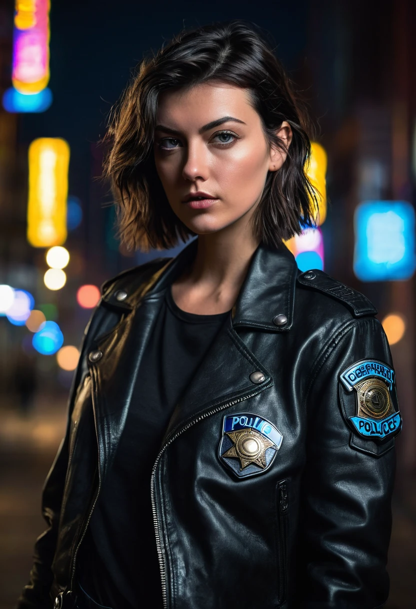 Portrait of natlp as a beautiful female model, georgia fowler, beautiful face, with short dark brown hair, in cyberpunk city at night. She is wearing a leather jacket, black jeans, dramatic lighting, (police badge:1.2)
