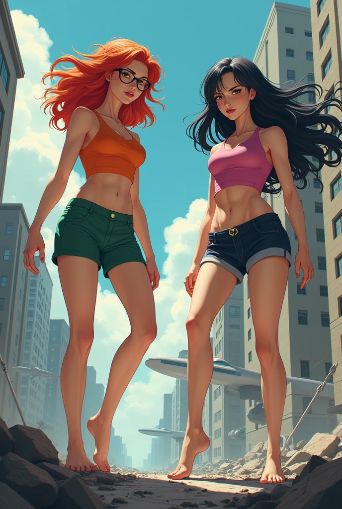 Create an image of just two giant women. one of them is a redhead, wears glasses, wears a short orange sleeveless shirt, wears green shorts and she is barefoot. The other giant has black hair and wears a short pink sleeveless shirt, wearing black, purple shorts and she is also barefoot.. And the two of them are destroying a city.