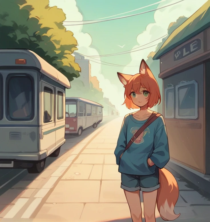 Cute fox girl traveling, plain colors