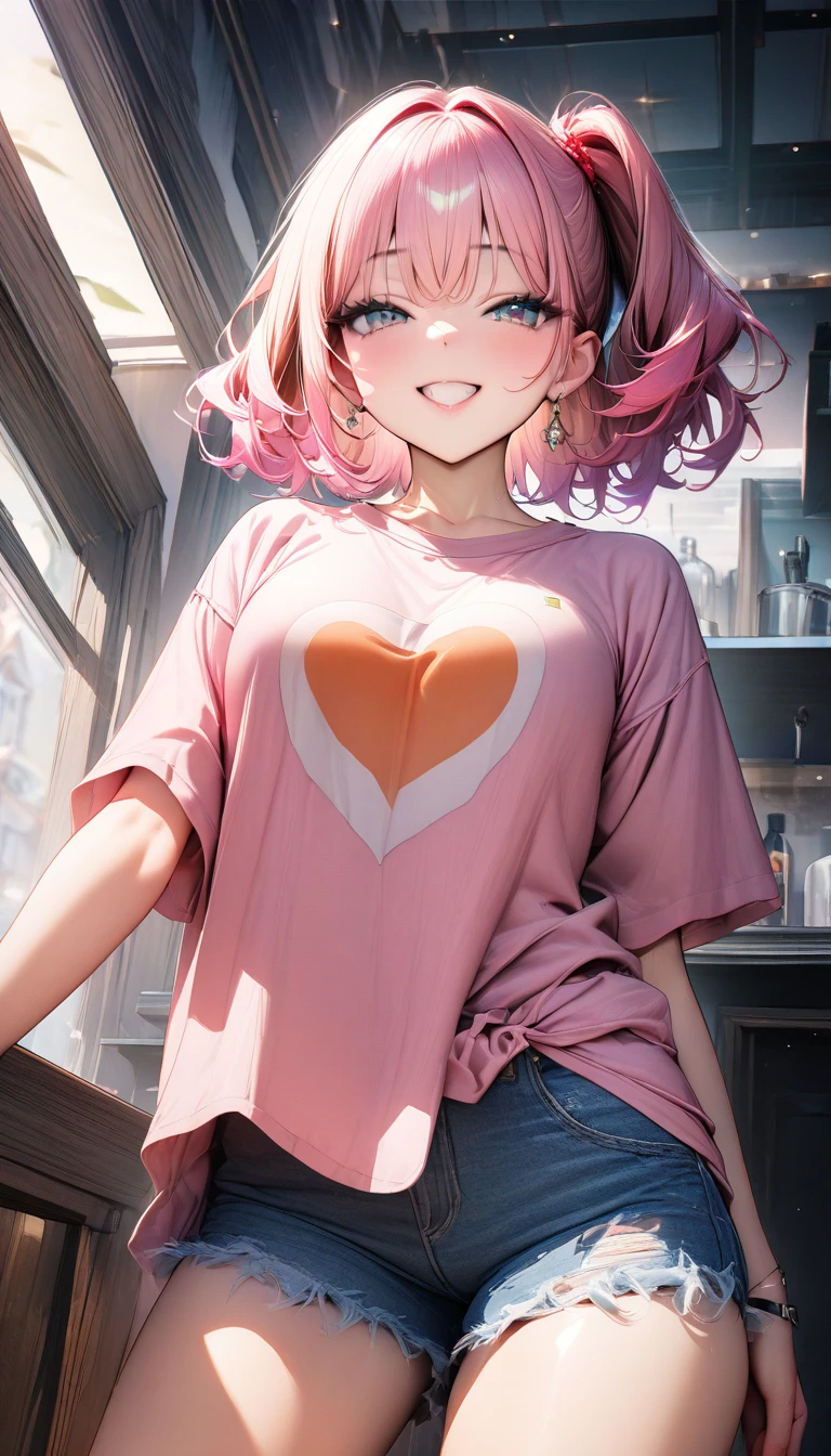 ((最high quality, 8k, masterpiece)), High resolution、(high quality: 1.5)、Very detailed、Detailed face、Bright colors、Natural light、Fine grain、Colorful eyes、Beautiful Face、Highly detailed face texture of a woman,masterpiece, 最high quality, Detailed and beautiful eyes,最high quality、Best image quality、masterpiece,girl,smile,From below,grin,(Brat),Pink Hair,Cute clothes,Printed shirt,Shorts,Just beautiful,masterpiece,(laugh at),最high quality、so beautiful,High resolution,1girl, solo,(masterpiece:1.2)、(最high quality:1.2)、Latest Glossy Skin