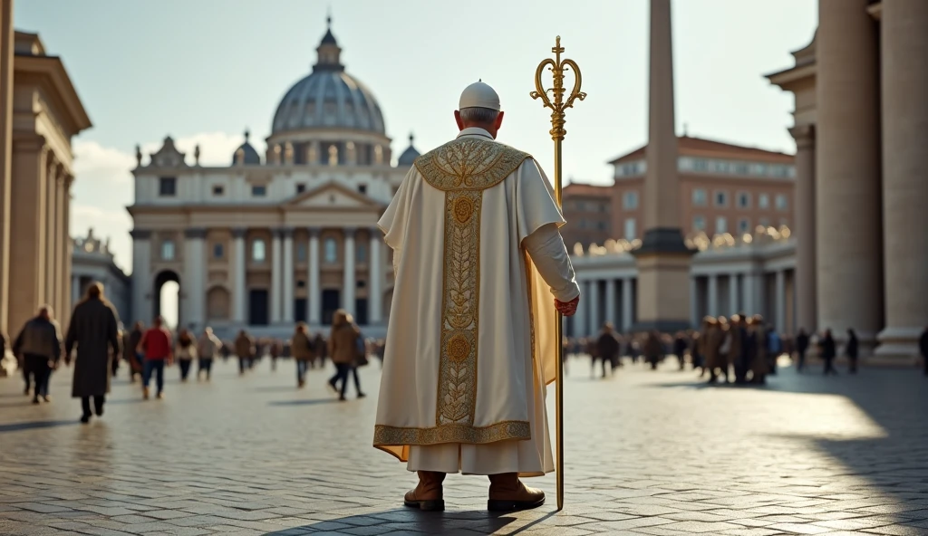 The camera is on the ground and the focal point of the image is the back view of Pope's wearing a laceless, rustic brown, high-top leather boots, typical of field workers. The Pope wears a white tunic decorated with papal insignia, a cloak and a long golden papal scepter with a cross on the top next to him . The background is a panoramic view of St. Peter's Square in the Vatican, crowded with tourists. The scene captures the moment of religious significance and the historical and artistic richness of St. Peter's Square. Ultrarealistic Ultrarealistic photo, 16k, ultra high resolution, photorealistic, Ultra HD.