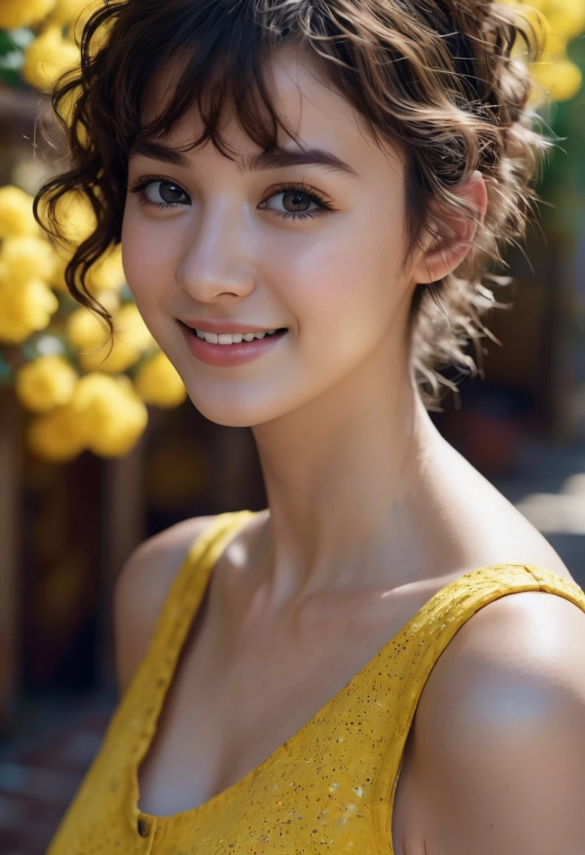 a beautiful girl with short curly brown hair,smiling,,dressed in a yellow sundress,brown eyes,(best quality,4k,8k,highres,masterpiece:1.2),ultra-detailed,(realistic,photorealistic,photo-realistic:1.37),HDR,UHD,studio lighting,ultra-fine painting,sharp focus,physically-based rendering,extreme detail description,professional,vivid colors,bokeh,pixel art,scenary