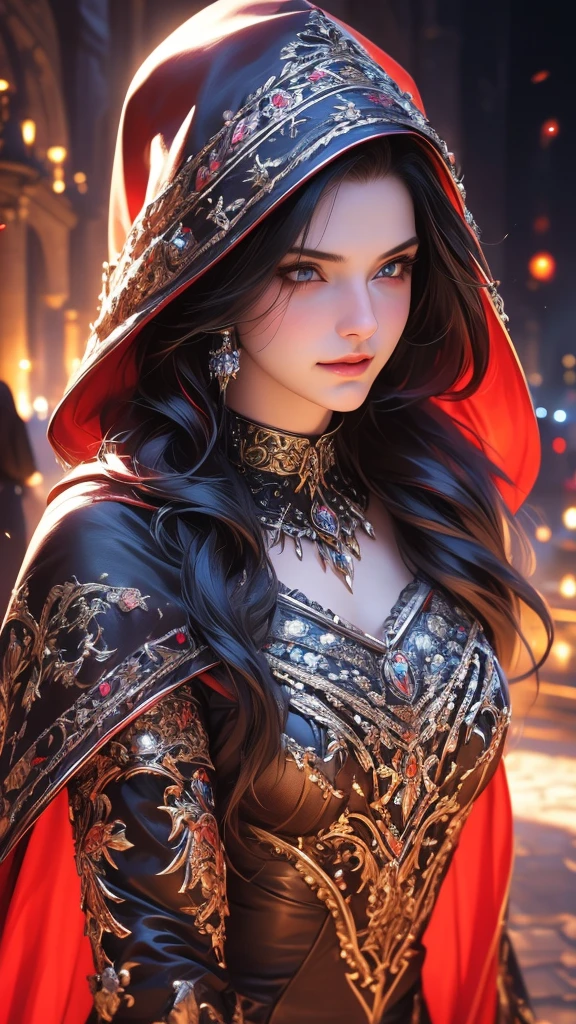 a beautiful detailed young woman, 1girls, detailed face, long colorful hair with black roots and red tips, wearing a red shirt with silver patterns, a witch's cape with a hood, black leather pants, expressive detailed eyes, collar, jewelry, smiling, (best quality,4k,8k,highres,masterpiece:1.2),ultra-detailed,(realistic,photorealistic,photo-realistic:1.37),digital art,concept art,highly detailed,intricate details,cinematic lighting,dramatic lighting,vibrant colors,vibrant color palette,fantasy,magical