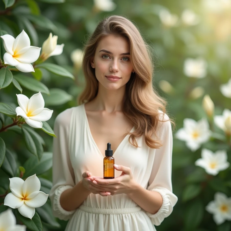 Gardenia background，Beautiful European girl，Holding essential oil bottle in hand to show the product