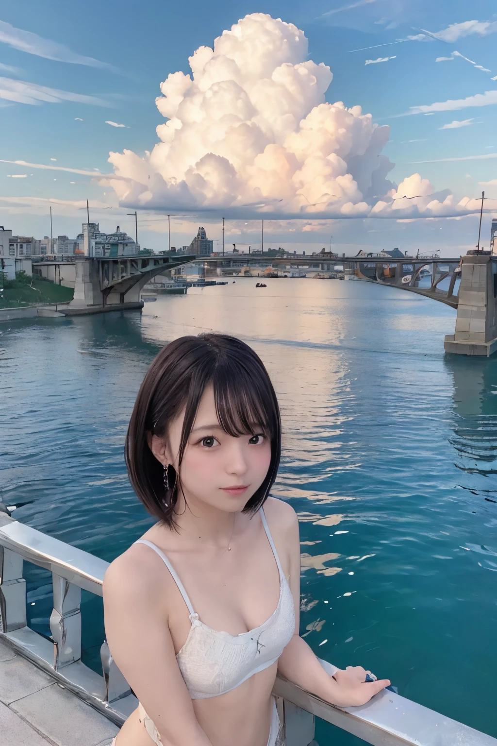 8K, RAW Photo, Best Quality, Masterpiece, Realistic, PhotoRealistic, Extremely Detailed 8k Wallpaper, Beautifully Detailed Eyes, Finely Detailed Face, 
 BREAK 
Professional Lighting, 
 BREAK 
(((s-bridge + bluesky + cloud:1.5))), 
 BREAK 
Perfectly Anatomically Correct:1.0, Beautiful Thin Fingers:1.0, 
 BREAK 
3 Girls:1.5, Symmetrical Clear Eyes:1.0, 
All Members are Japanese Kawaii High-Teens, 
Wearing Random SHIMAMURA Summer Clothes, 
Random Short Hairs:1.0, 
 BREAK 
SFW:1.0, 
 BREAK 
Distant View:1.5