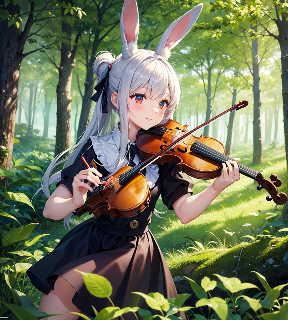 Animal rabbit playing violin in the forest