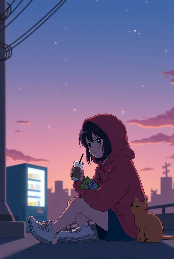 tranquil anime-style scene at dusk, featuring a young character sitting on a rooftop with a small orange cat beside them. The character is wearing an oversized red hoodie, with the hood covering most of their hair. They hold a drink with a straw in one hand and a bag of snacks in the other, relaxed and enjoying the quiet moment. The cat, sitting close, gazes calmly into the distance. The sky is painted with a gradient from soft pink to deep blue, dotted with a few stars. In the background, there is a vending machine glowing with soft light, alongside subtle hints of an urban setting like distant rooftops and power lines. The atmosphere is peaceful, evoking a sense of solitude and contemplation as the day transitions to night