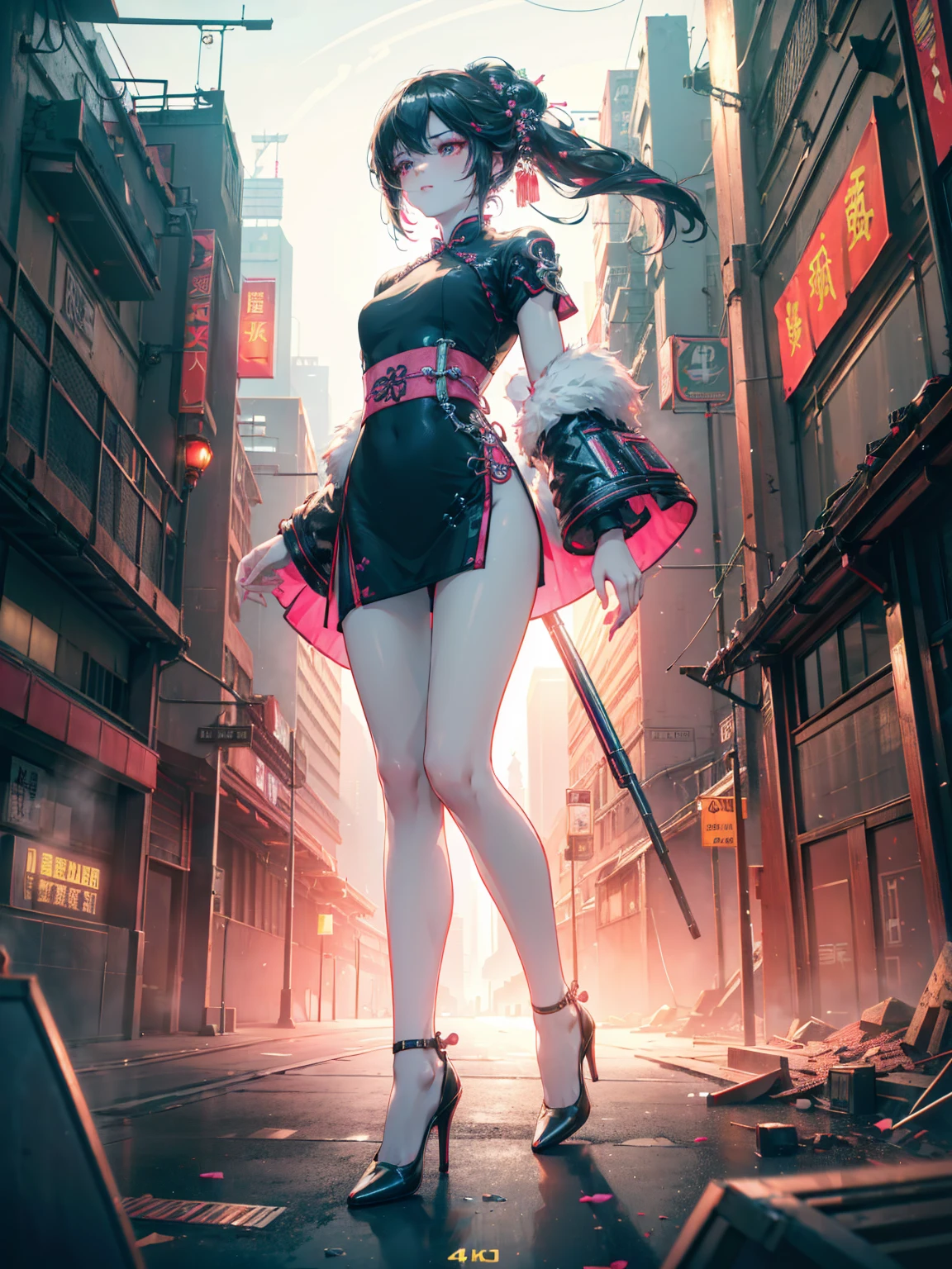 (best quality,4K,height,Masterpiece:1.2),Very detailed,(realistic:1.37), Black Haired Girl,Double boxing,Flat chest,Bright, pinkish white skin,Close the flow,perfect body,black cheongsam,Bare legs,high-heels,stand,Night City, China, China Road, sky sky, Cyberpunk personification, Paper lanterns, Superb neon resolution,(realism:1.3),1(thin:1.2),Stunning light,lively details,Elegant cyberpunk,complex background,Displayed with octane value,Cinematic edge lighting, Fine light, Masterpiece, Superb details, An epic work, Ultra high resolution, High quality