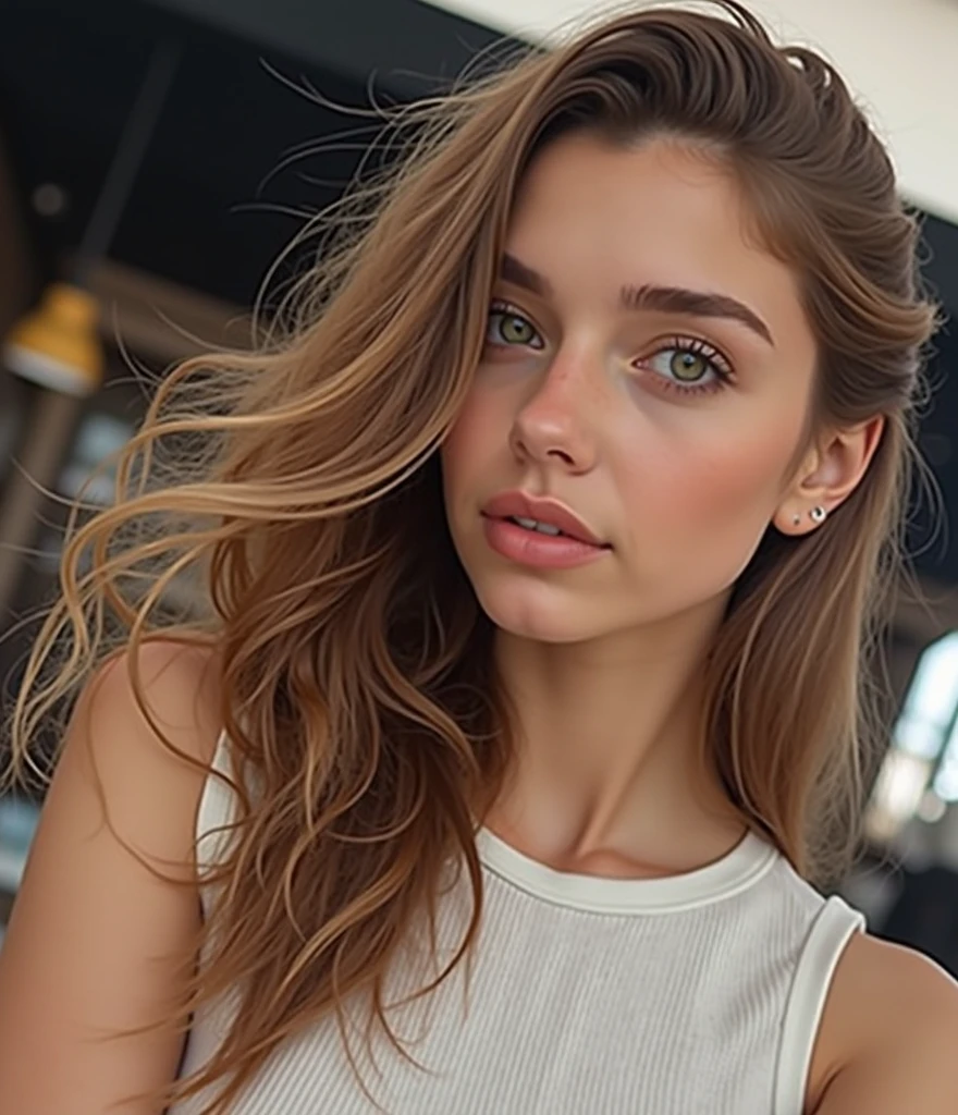 20 ans fille , detailed and realistic face , brunette , green eyes , medium chest , photo pour instagram ( portrait)