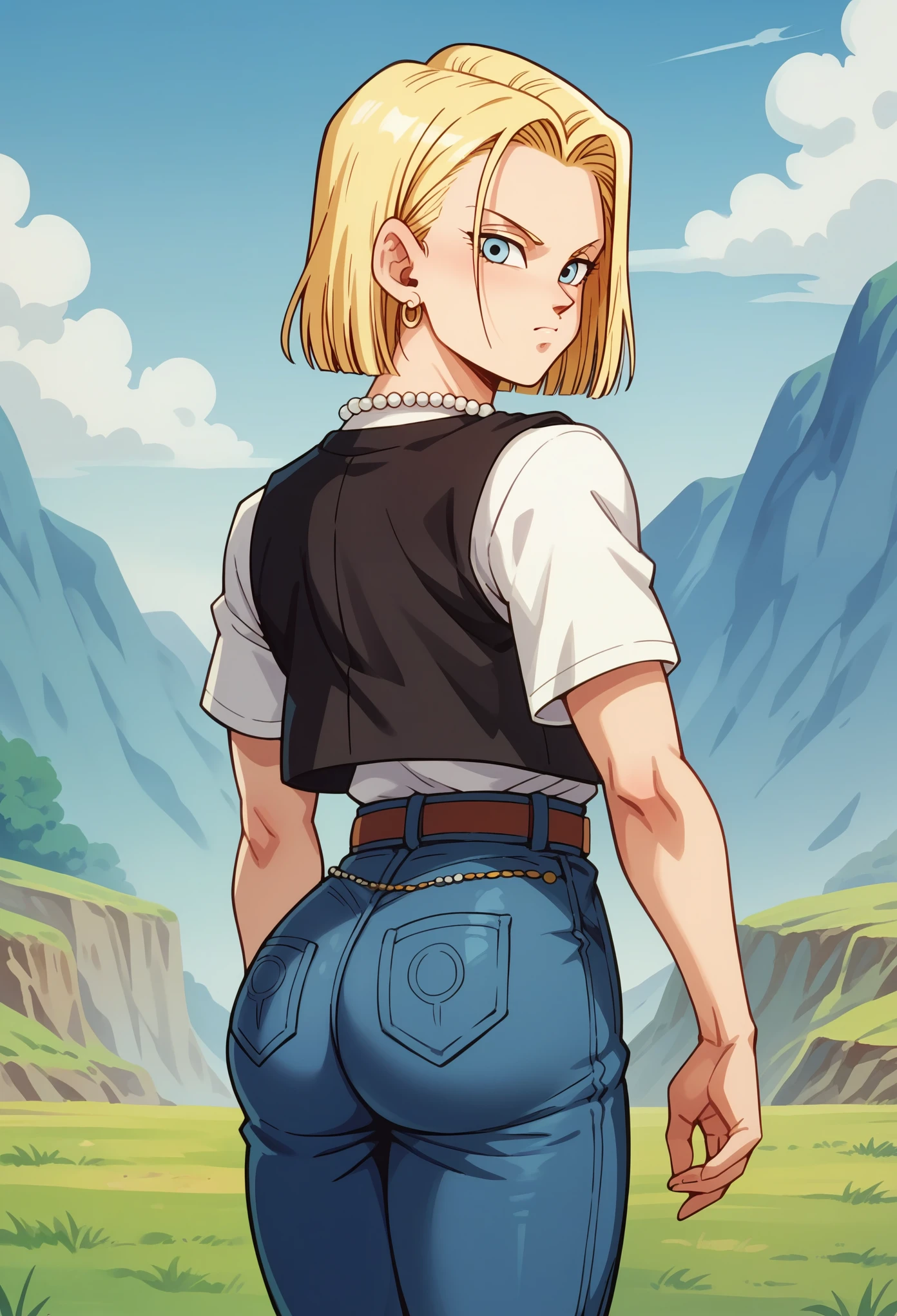 score_9, score_8_up, score_7_up, BREAK, score_9, cyborgc18dbz, blonde hair, blue eyes, short hair, earrings, black waistcoat, jeans, white shirt, pearl necklace, 1girl, solo, looking at viewer, cowboy shot, ass, from behind, tournament