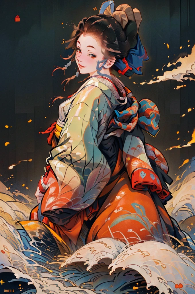 ((((High resolution, Intricate details, masterpiece, 8k, from front)))), (((beautiful, kimono, Ukiyo-e))), ((One Woman, smile, Red cheeks, slender)), (Black Hair, Beautiful forehead, Long Hair, ponytail, Big ribbon, Glowing Skin), from front, looking at viewer, look at viewer,