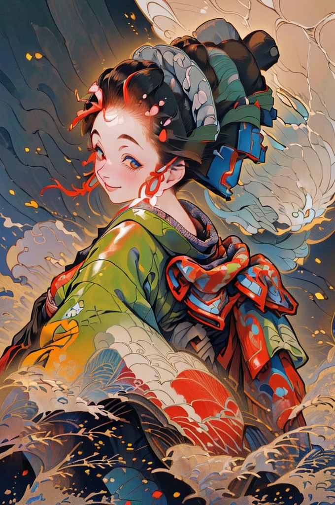 ((((High resolution, Intricate details, masterpiece, 8k, from front)))), (((beautiful, kimono, Ukiyo-e))), ((One Woman, smile, Red cheeks, slender)), (Black Hair, Beautiful forehead, Long Hair, ponytail, Big ribbon, Glowing Skin), from front, looking at viewer, look at viewer,