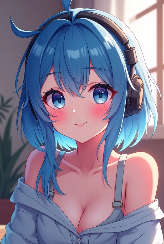 Create a cute anime vtuber smiling with blue hair and wearing headphones doing asmr