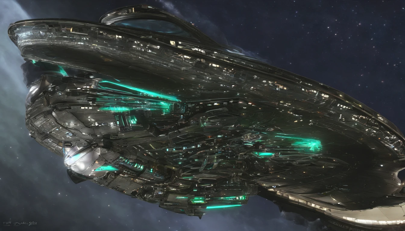 The styles of Judith Garfield and Reeves-Stevens Visualize a (((very large starship))) based on the shape of an infinity symbol, with a length of 144 feet and a diameter of 72 feet at its midsection. Two ((diamond crystal nacelles)) are evenly spaced above the back of the base of the ship. The body is designed like an aircraft carrier. A massive flat dish + a bubble-shaped metallic green 1974 Winnebago forms the bridge in its center, emulating styles of Ridley Scott and Issac Asimov. The ship is flying past Saturn.