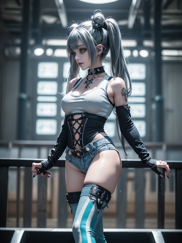 (Full Body View:1.2)、(Side view:1.2)、(Smiling with teeth showing:1.3),(Shibuya Gal:1.5)、(Gothic style fashion:1.5)、(Punk rock visual kei:1.5)、(Wearing a rhythmic gymnastics bodysuit with intricate details:1.4)、(Complex white racing suit and pants, Denim and turquoise decor:1.5)、(Denim and light blue and white boots:1.3)、((belt))、(A number of subtle logos are featured throughout the costume々:1.4)、(collar:1.3)、(Striped underwear:1.5)、20-year-old、Browsing Caution、((Highest quality、In 8K、masterpiece:1.3))、Sharp focus:1.2、(Layered Cut、Huge boobs:1.1),Beautiful woman with perfect figure:1.4、(Dance vigorously:1.3)、Slim Abs:1.2、Highly detailed face and skin texture、Detailed eyes、double eyelid,(Twin tails:1.3)、(Dark silver hair:1.3)、Idol Sculpture、(The background is the stage for a fashion show:1.3)、(The body is slim:1.3),(Slimming your legs:1.4),（clavicle:1.1）、(Thin and slim thighs:1.3)