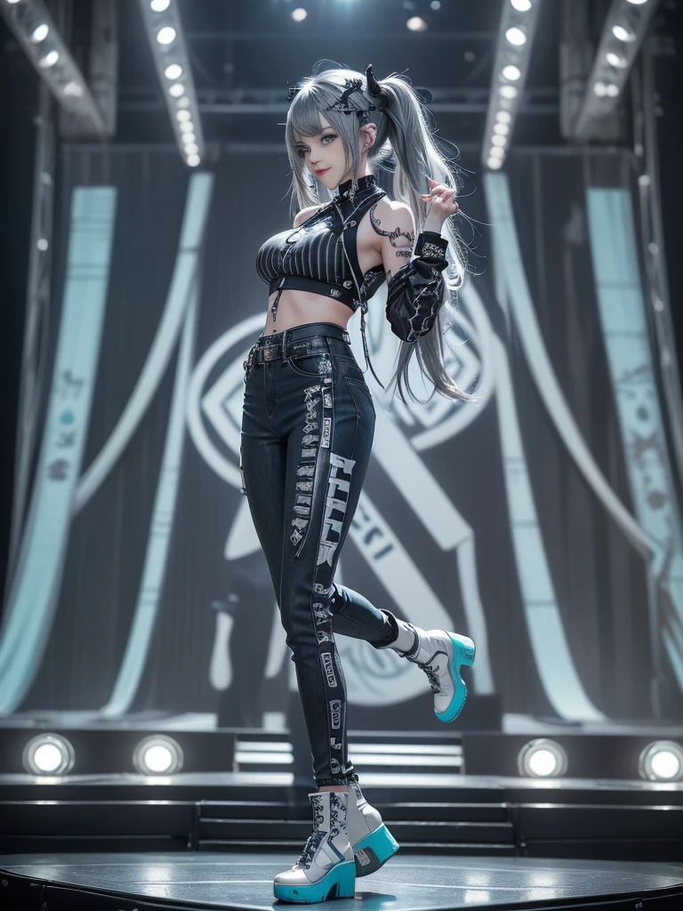(Full Body View:1.2)、(Side view:1.2)、(Smiling with teeth showing:1.3),(Shibuya Gal:1.5)、(Gothic style fashion:1.5)、(Punk rock visual kei:1.5)、(Wearing a rhythmic gymnastics bodysuit with intricate details:1.4)、(Complex white racing suit and pants, Denim and turquoise decor:1.5)、(Denim and light blue and white boots:1.3)、((belt))、(A number of subtle logos are featured throughout the costume々:1.4)、(collar:1.3)、(Striped underwear:1.5)、20-year-old、Browsing Caution、((Highest quality、In 8K、masterpiece:1.3))、Sharp focus:1.2、(Layered Cut、Huge boobs:1.1),Beautiful woman with perfect figure:1.4、(Dance vigorously:1.3)、Slim Abs:1.2、Highly detailed face and skin texture、Detailed eyes、double eyelid,(Twin tails:1.3)、(Dark silver hair:1.3)、Idol Sculpture、(The background is the stage for a fashion show:1.3)、(The body is slim:1.3),(Slimming your legs:1.4),(clavicle:1.1)、(Thin and slim thighs:1.3)