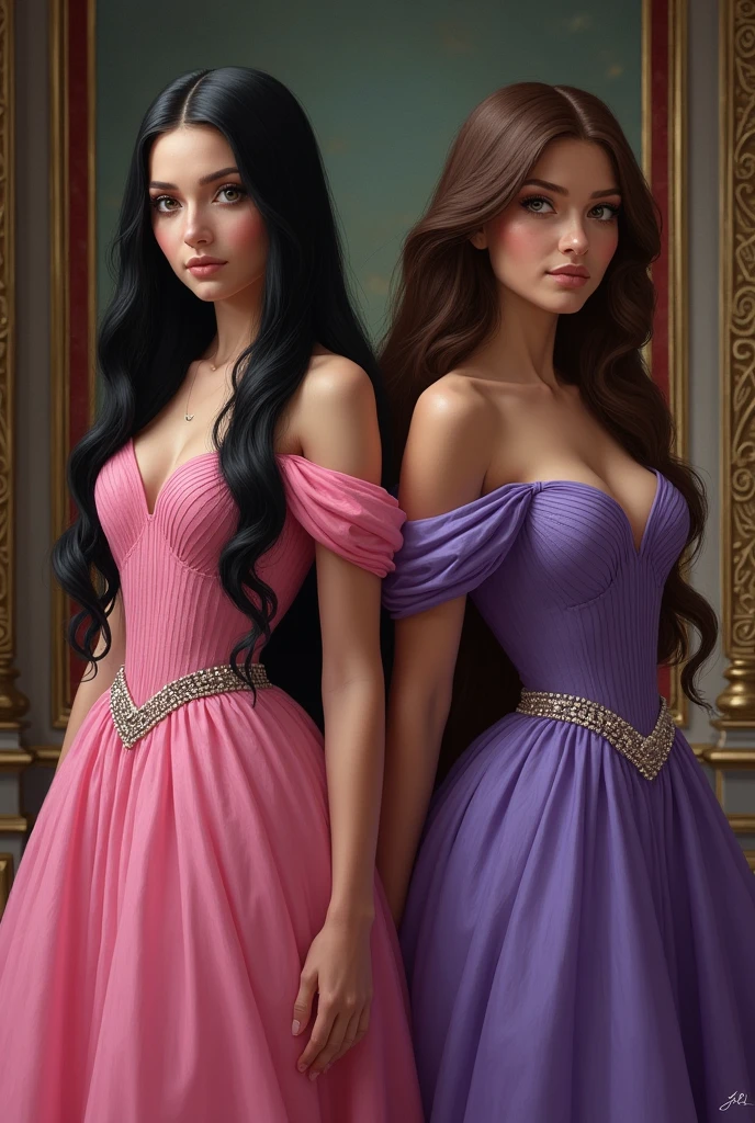 Cinderella scene, with the well-groomed sisters, one with black hair and the other with brunette hair, one with a pink and purple dress with Cinderella in the middle behind with a sad expression REALISTICLY