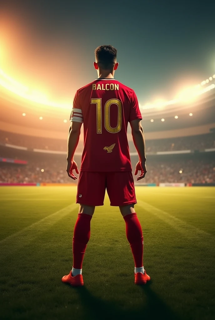 Create a movie cover style image, de um jogador de futebol ⚽ em um campo com várias luzes,  and he&#39;s back to back with the number 10 on his shirt, and with the colors red, doradas, white and black. With the symbol on his shirt being a Falcon.