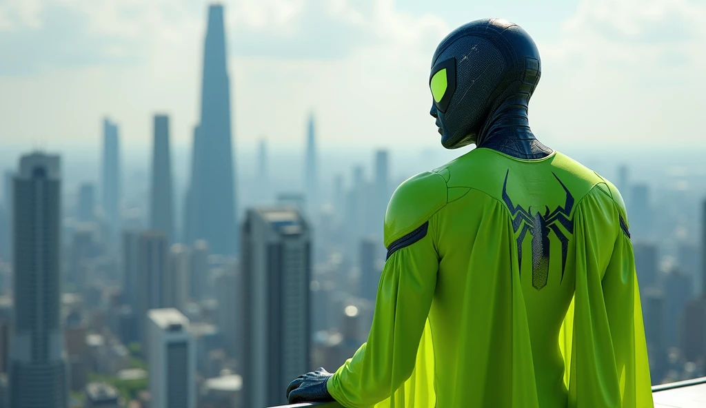 Create a superhero character called &#39;Techman&#39;, inspired by the style of Spider-Man. The character must wear a fitted outfit with predominant colors of dark blue and black., but with a vibrant color and highlighted as a central element. Add a lime green chroma-style cape or accessory, that stands out visually. The outfit must be modern and technological, with subtle details such as circuits and technological symbols, but without the spider symbol on the chest. The Techman must have a dynamic and agile posture, with a confident and friendly expression. The background can be a futuristic urban setting, but the highlight should be on the lime green cape or accessory to ensure that it stands out in thumbnails and is easily recognized as the superhero that helps choose the best options.
Create an image of the Techman in an observation pose, as if analyzing a scene or watching from a high point of view. The attire must be the same, and the lime green cover or accessory must be visible. Techman&#39;s expression must be thoughtful, and the background should show a panoramic view of a futuristic city.
