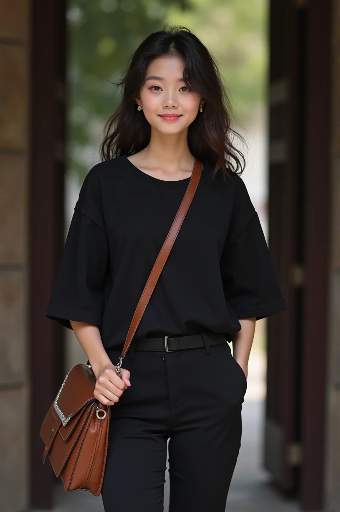 A girl standing in front a door.She wearing black shirt and black long pants.she wearing tiny brown sling bag.smile on camera but can't see tooth.She has a long hair but a little bit curly