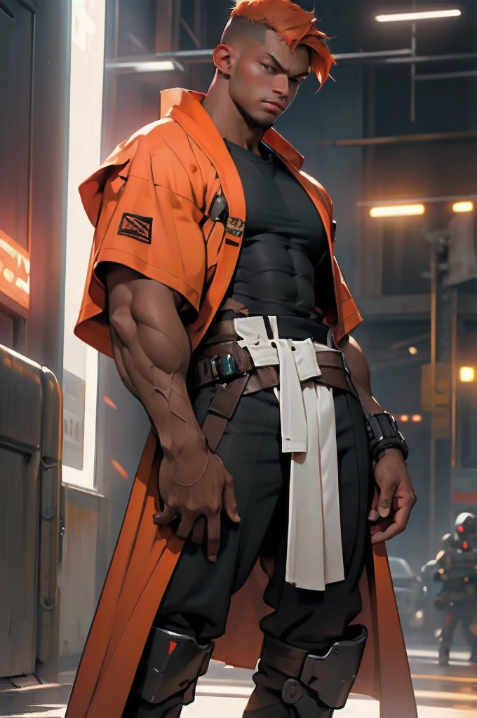 Height 175 cm, the optimal height, orange hair, military haircut, dark brown tight shirt, tight clothing, body full of muscles; ripped abs, V-shaped body, thick waist, long legs, strong arms. Jedi robe,  purple Lightsaber